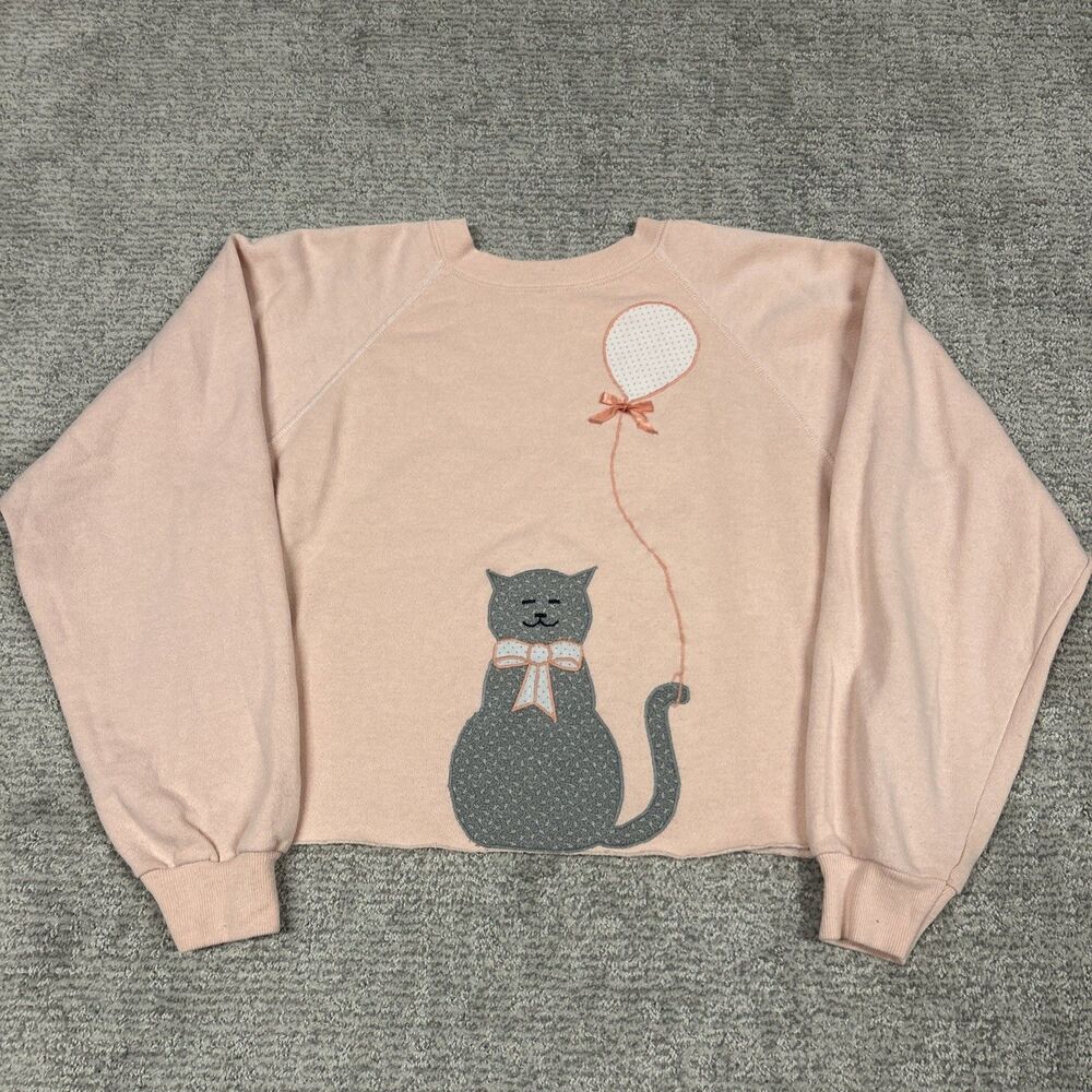 Hanes Sweatshirt Womens Large Peach Cat Balloon Vintage USA Cut Off Crop Cotton